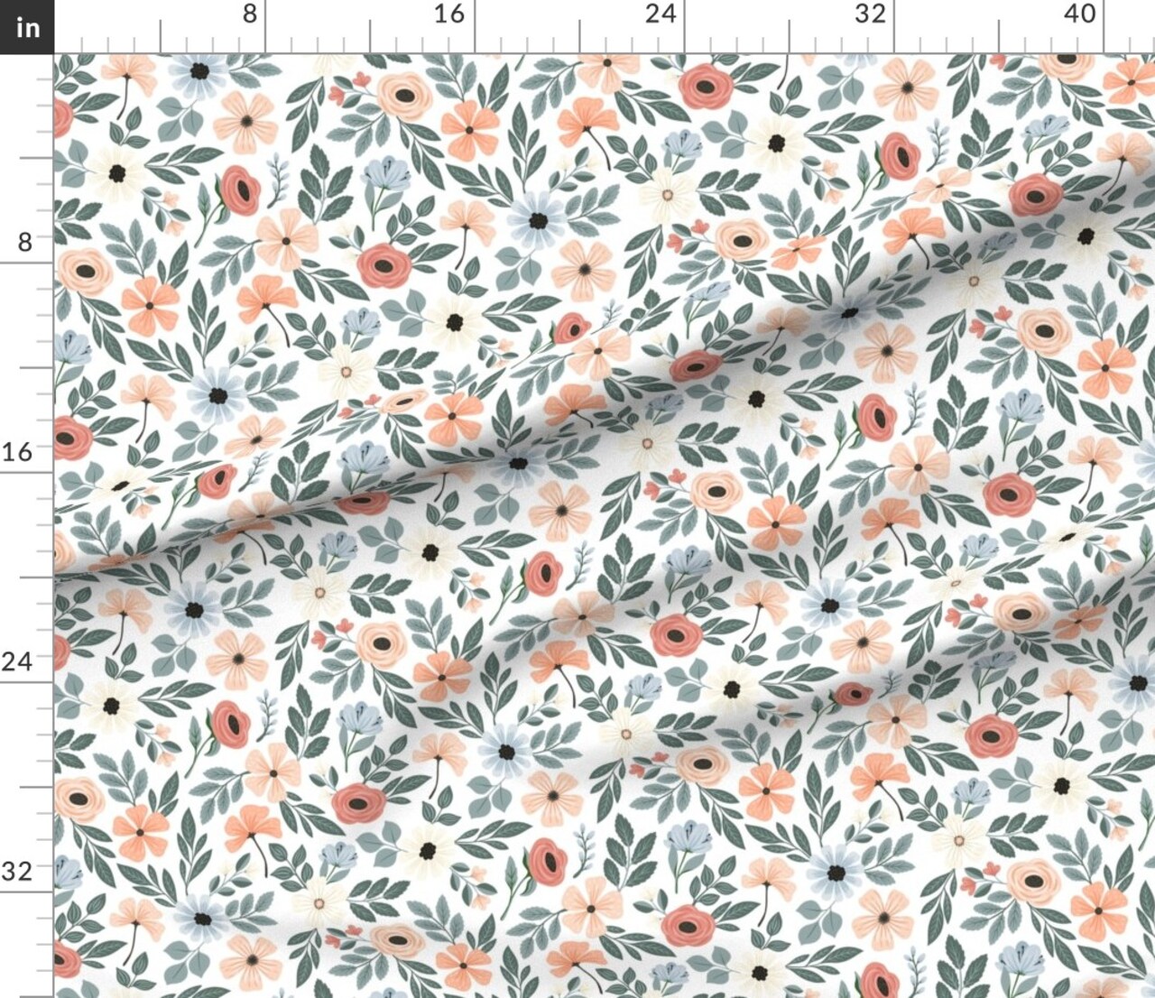 Coral Floral Sage Green Leaf Pretty Flowers Delicate Garden Custom Printed Fabric by Spoonflower Various Fabrics by the Yard or Fat Quarter